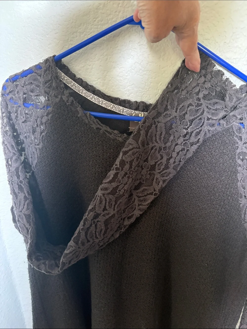 Anthro One September Gray Lace Sleeve Knit Top